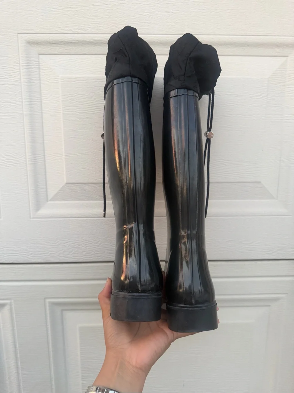 Juicy Couture Black Glossy Logo Rain Boots with Drawstring Shaft